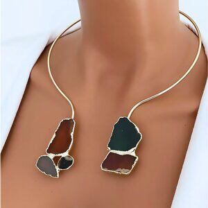 Brand New Handmade Adjustable Gold Plated Raw Stone Open Choker Necklace